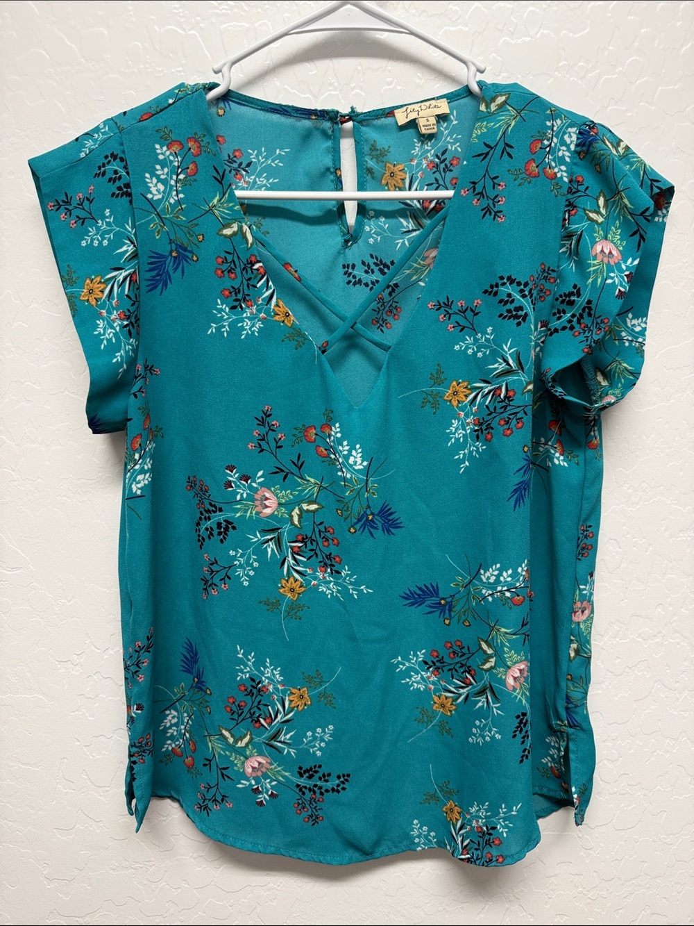 Teal Floral Short Sleeve Blouse